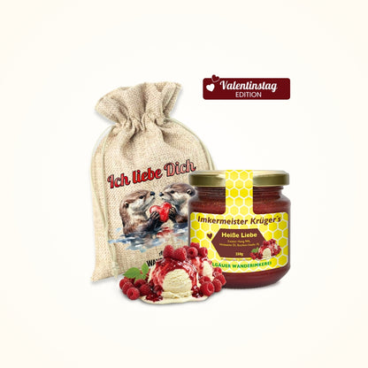 Valentinstag-Geschenk-Idee: Heisse Liebe Honig mit Himbeeren und Bourbon-Vanille 250g im Geschenlsäckchen Ich liebe Dich von der Allgäuer Wanderimkerei