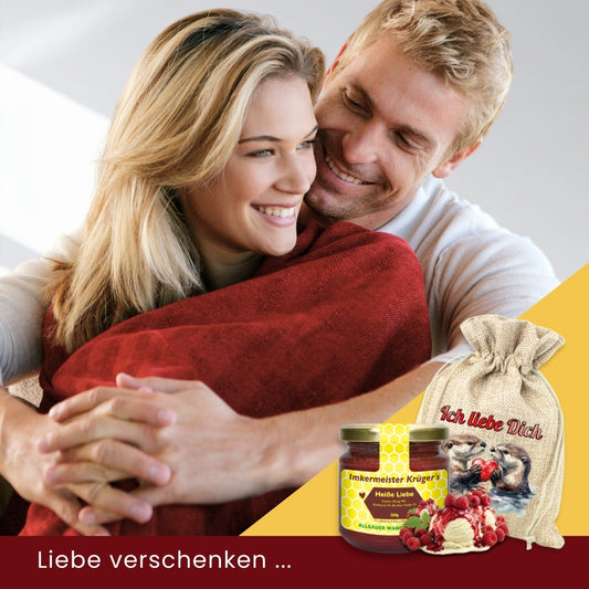 Heisse Liebe Honig mit Himbeeren und Bourbon-Vanille 250g im Geschenlsäckchen Ich liebe Dich von der Allgäuer Wanderimkerei