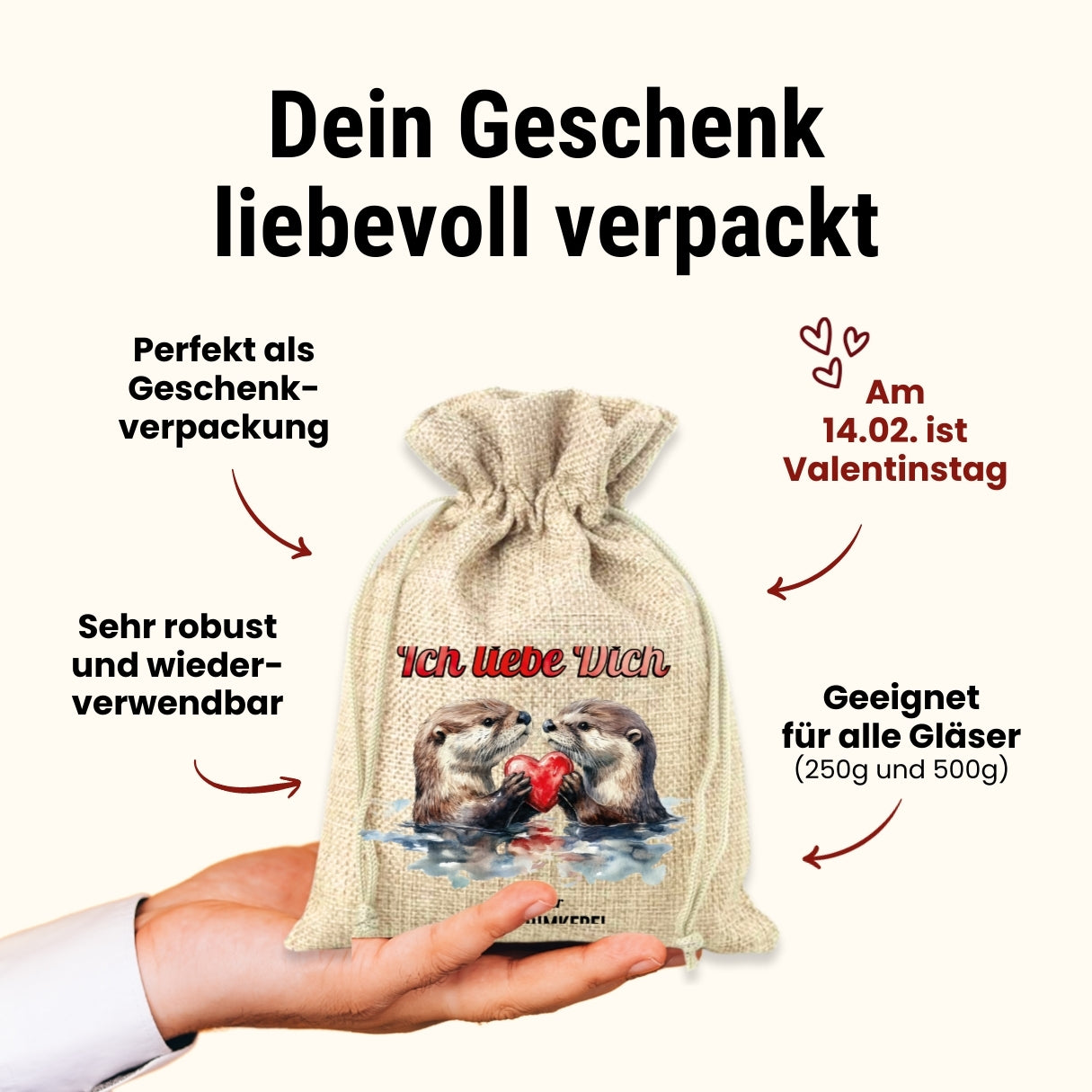 Valentinstag-Geschenk-Idee: Heisse Liebe Honig mit Himbeeren und Bourbon-Vanille 250g im Geschenlsäckchen Ich liebe Dich von der Allgäuer Wanderimkerei