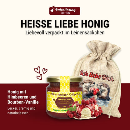 Valentinstag-Geschenk-Idee: Heisse Liebe Honig mit Himbeeren und Bourbon-Vanille 250g im Geschenlsäckchen Ich liebe Dich von der Allgäuer Wanderimkerei