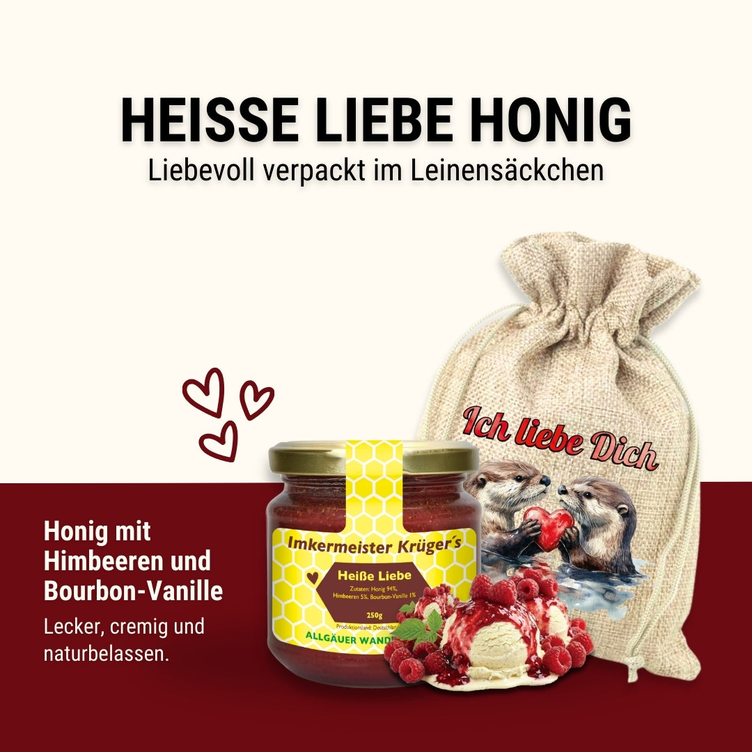 Heisse Liebe Honig mit Himbeeren und Bourbon-Vanille 250g im Geschenlsäckchen Ich liebe Dich von der Allgäuer Wanderimkerei
