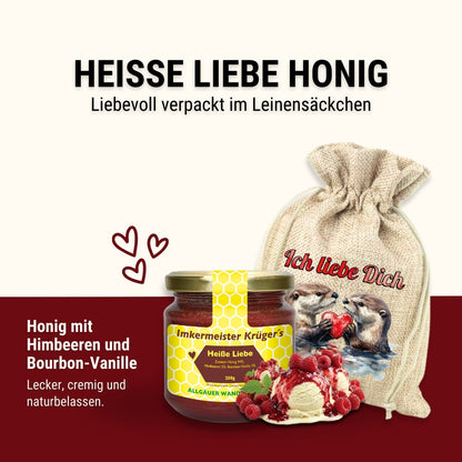 Heisse Liebe Honig mit Himbeeren und Bourbon-Vanille 250g im Geschenlsäckchen Ich liebe Dich von der Allgäuer Wanderimkerei