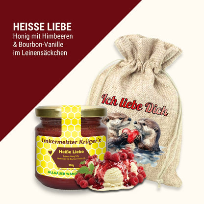 Heisse Liebe Honig mit Himbeeren und Bourbon-Vanille 250g im Geschenlsäckchen Ich liebe Dich von der Allgäuer Wanderimkerei