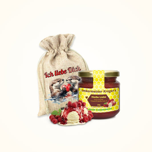 Heisse Liebe Honig mit Himbeeren und Bourbon-Vanille 250g im Geschenlsäckchen Ich liebe Dich von der Allgäuer Wanderimkerei