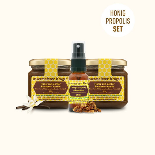 Honig + Propolis-Set von der Allgäuer Wanderimkerei mit 2 x Honig mit echter Bourbon-Vanille 250g und Propolis Spray alkoholfrei 20ml zum reduzierten Preis