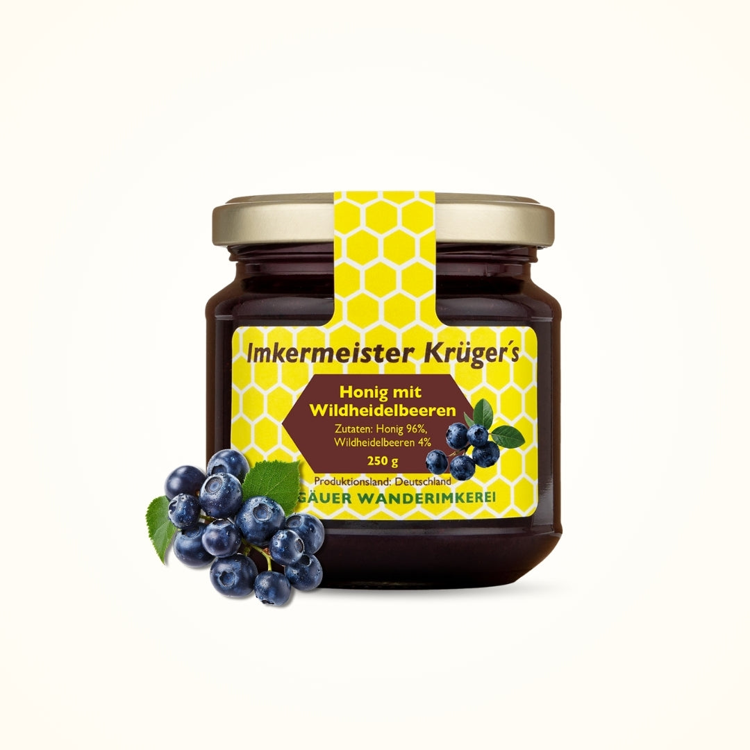 Leckerer, neuer Honig mit Wildheidelbeeren 250g mit Imkerhonig und Wildheidelbeeren von der Allgäuer Wanderimkerei