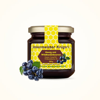 Leckerer, neuer Honig mit Wildheidelbeeren 250g mit Imkerhonig und Wildheidelbeeren von der Allgäuer Wanderimkerei