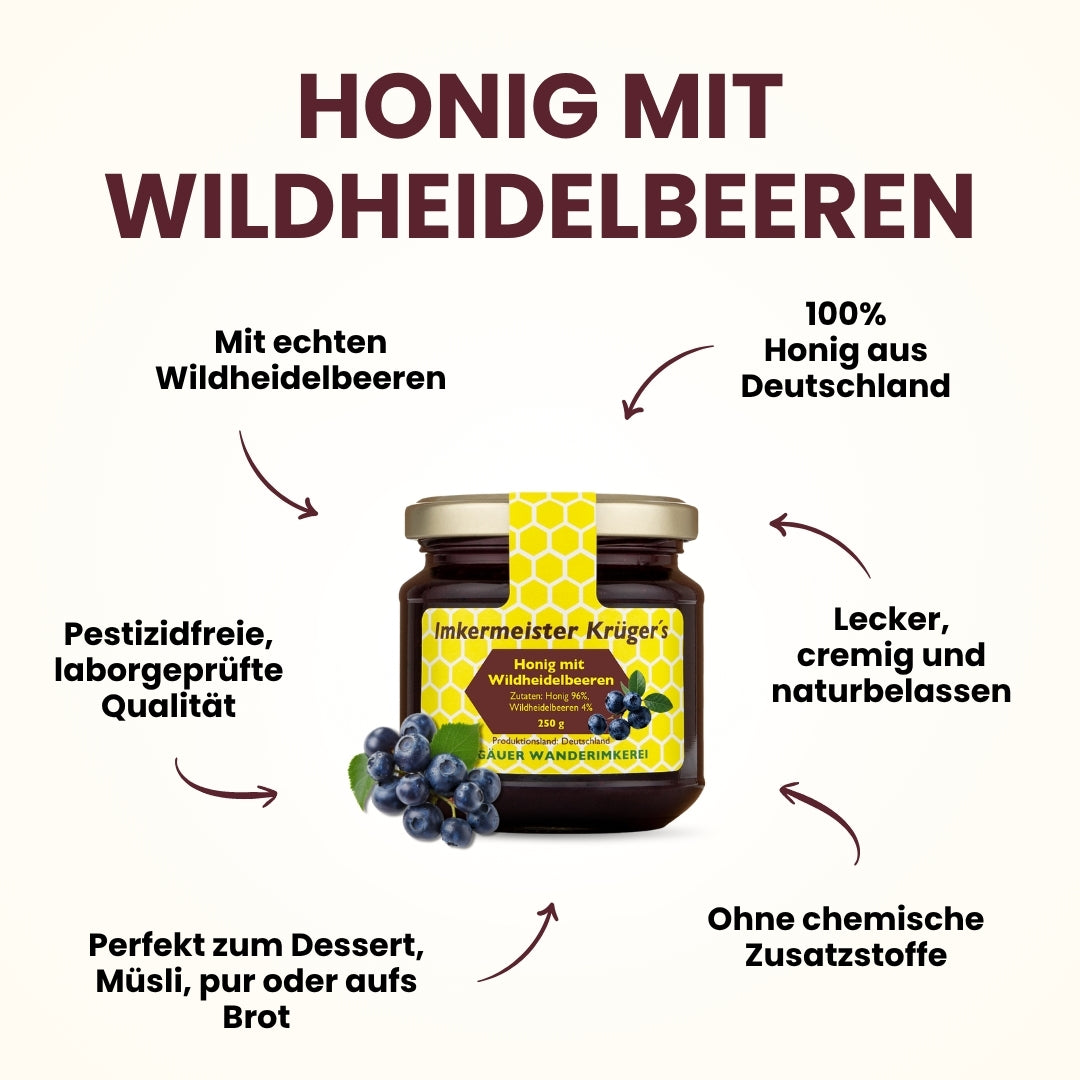 Honig mit Wildheidelbeeren 250g mit Honig und Wildheidelbeeren von der Allgäuer Wanderimkerei, pestizidfrei und laborgeprüft