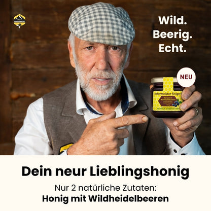 Leckerer Honig mit Wildheidelbeeren 250g mit 96% Imkerhonig und 4% Wildheidelbeeren von der Allgäuer Wanderimkerei mit Imkermeister Rainer Krüger