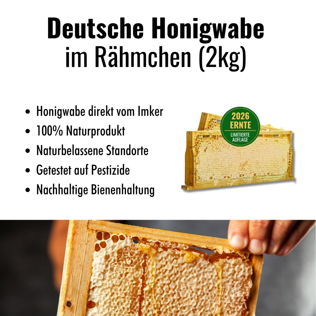 Deutschen Honigwabe 2kg im Rähmchen, von der Allgäuer Wanderimkerei, limitierte Auflage, 2026 frische Ernte, 100% Naturprodukt direkt vom Imker