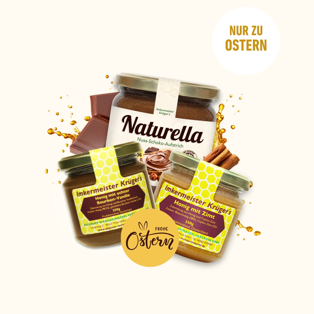 Leckeres Kinder-Oster-Set mit Honig mit echter Bourbon-Vanille, Honig mit Zimt und Naturella Nuss-Schoko-Aufstrich im Bundle als Oster-Geschenkidee, nur zu Ostern von der Allgäuer Wanderimkerei