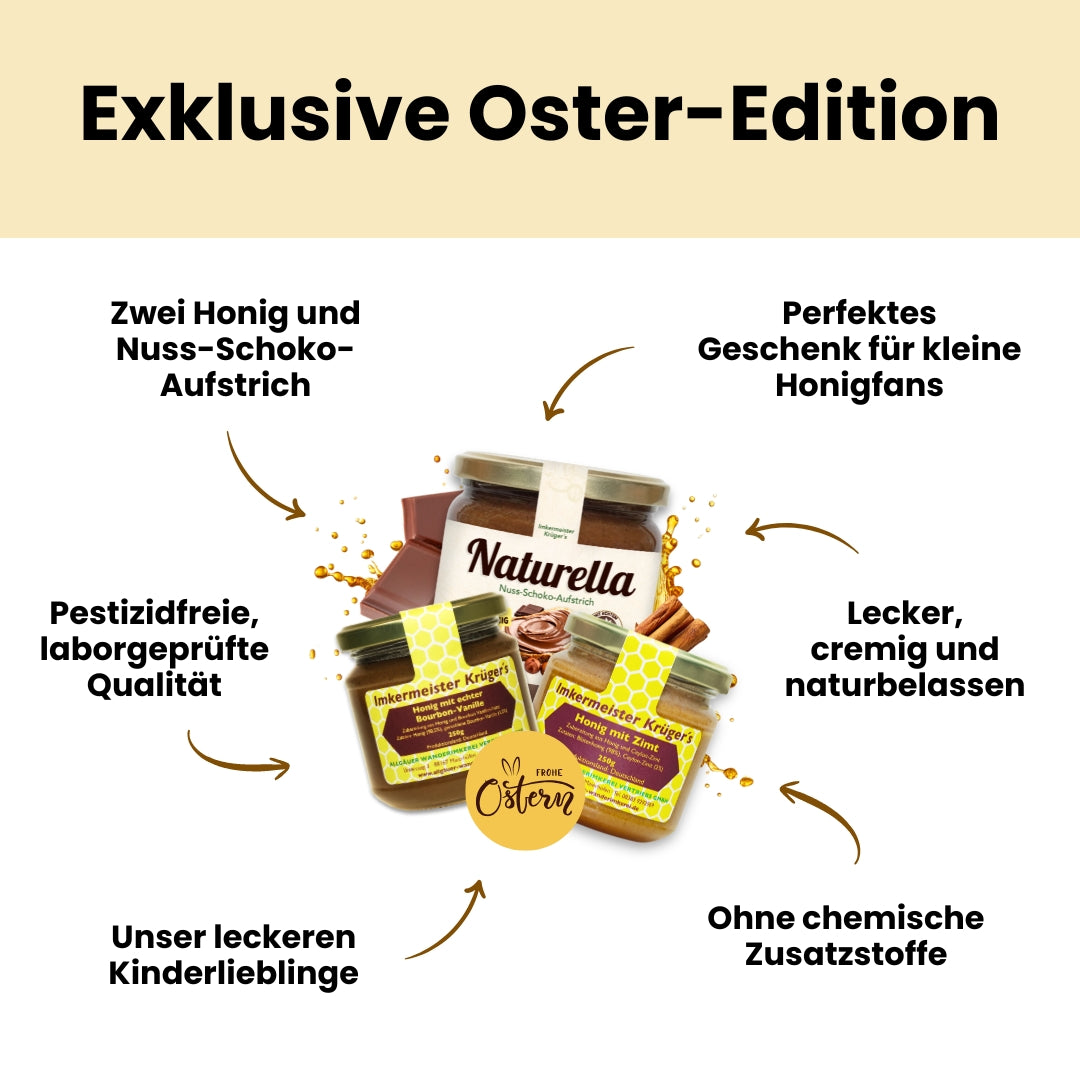 Leckeres Kinder-Oster-Set mit Honig mit echter Bourbon-Vanille, Honig mit Zimt und Naturella Nuss-Schoko-Aufstrich im Bundle als Oster-Geschenkidee, nur zu Ostern von der Allgäuer Wanderimkerei