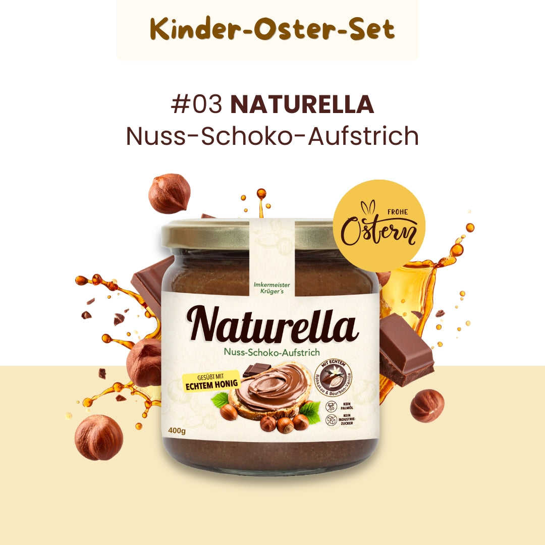 Leckeres Kinder-Oster-Set mit Honig mit echter Bourbon-Vanille, Honig mit Zimt und Naturella Nuss-Schoko-Aufstrich im Bundle als Oster-Geschenkidee, nur zu Ostern von der Allgäuer Wanderimkerei