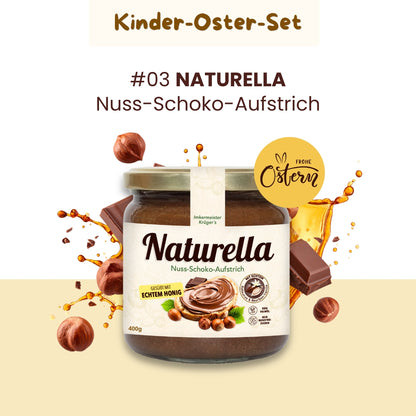 Leckeres Kinder-Oster-Set mit Honig mit echter Bourbon-Vanille, Honig mit Zimt und Naturella Nuss-Schoko-Aufstrich im Bundle als Oster-Geschenkidee, nur zu Ostern von der Allgäuer Wanderimkerei