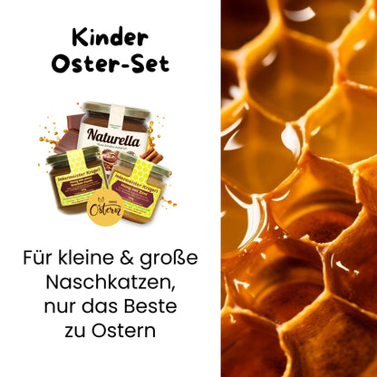 Leckeres Kinder-Oster-Set mit Honig mit echter Bourbon-Vanille, Honig mit Zimt und Naturella Nuss-Schoko-Aufstrich im Bundle als Oster-Geschenkidee, nur zu Ostern von der Allgäuer Wanderimkerei