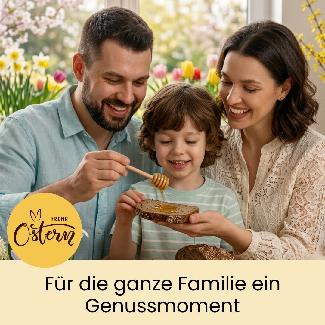 Leckeres Kinder-Oster-Set mit Honig mit echter Bourbon-Vanille, Honig mit Zimt und Naturella Nuss-Schoko-Aufstrich im Bundle als Oster-Geschenkidee, nur zu Ostern von der Allgäuer Wanderimkerei