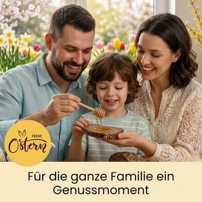 Leckeres Kinder-Oster-Set mit Honig mit echter Bourbon-Vanille, Honig mit Zimt und Naturella Nuss-Schoko-Aufstrich im Bundle als Oster-Geschenkidee, nur zu Ostern von der Allgäuer Wanderimkerei