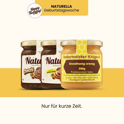 Naturella-Geburtstagswoche mit dem neuen Naturella Genuss-Set mit Naturella 400g und Naturella Crunchy 400g und Distelhonig cremig 500g von der Allgäuer Wanderimkerei