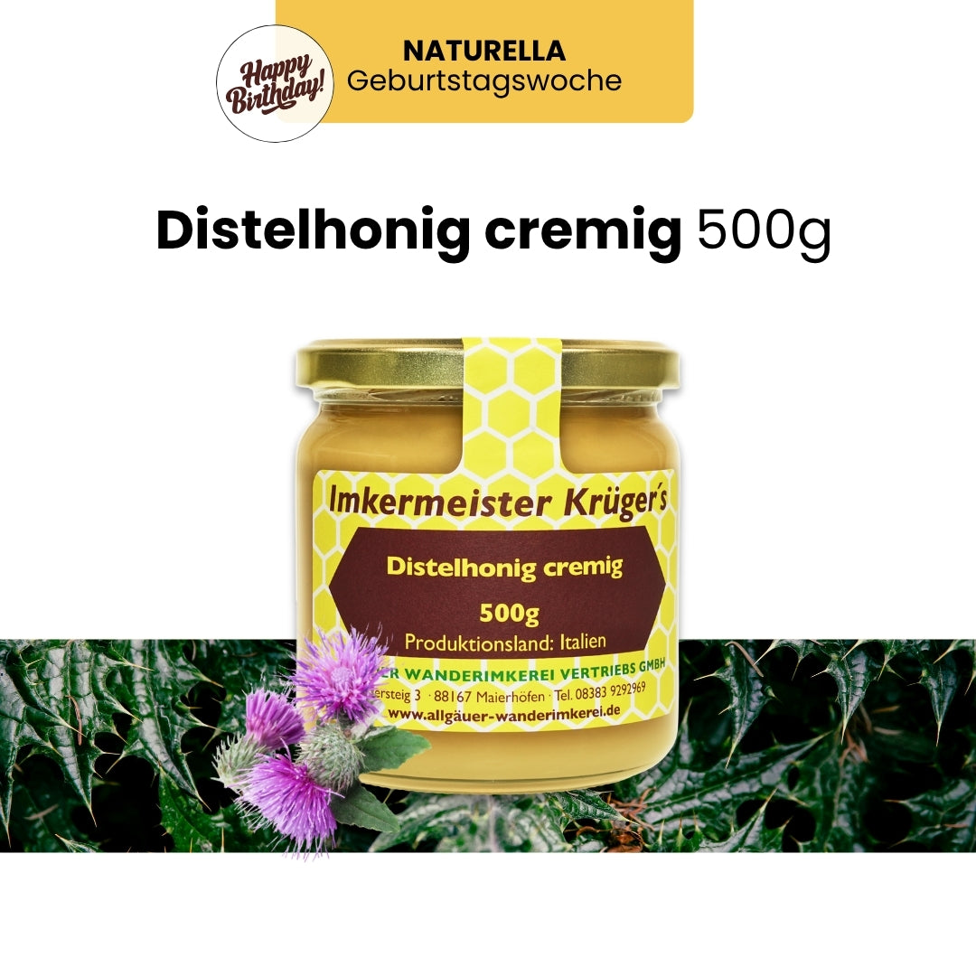 Naturella-Geburtstagswoche mit dem neuen Naturella Genuss-Set mit Naturella 400g und Naturella Crunchy 400g und Distelhonig cremig 500g von der Allgäuer Wanderimkerei_Distelhonig cremig 500g