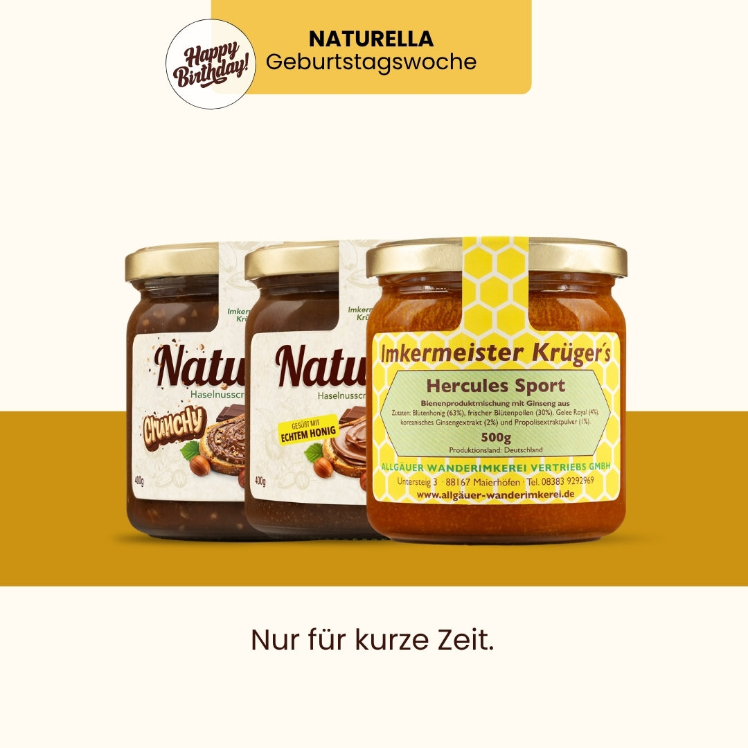 Naturella-Geburtstagswoche mit dem neuen Naturella Power-Set mit Naturella 400g und Naturella Crunchy 400g und Hercules Sport 500g von der Allgäuer Wanderimkerei