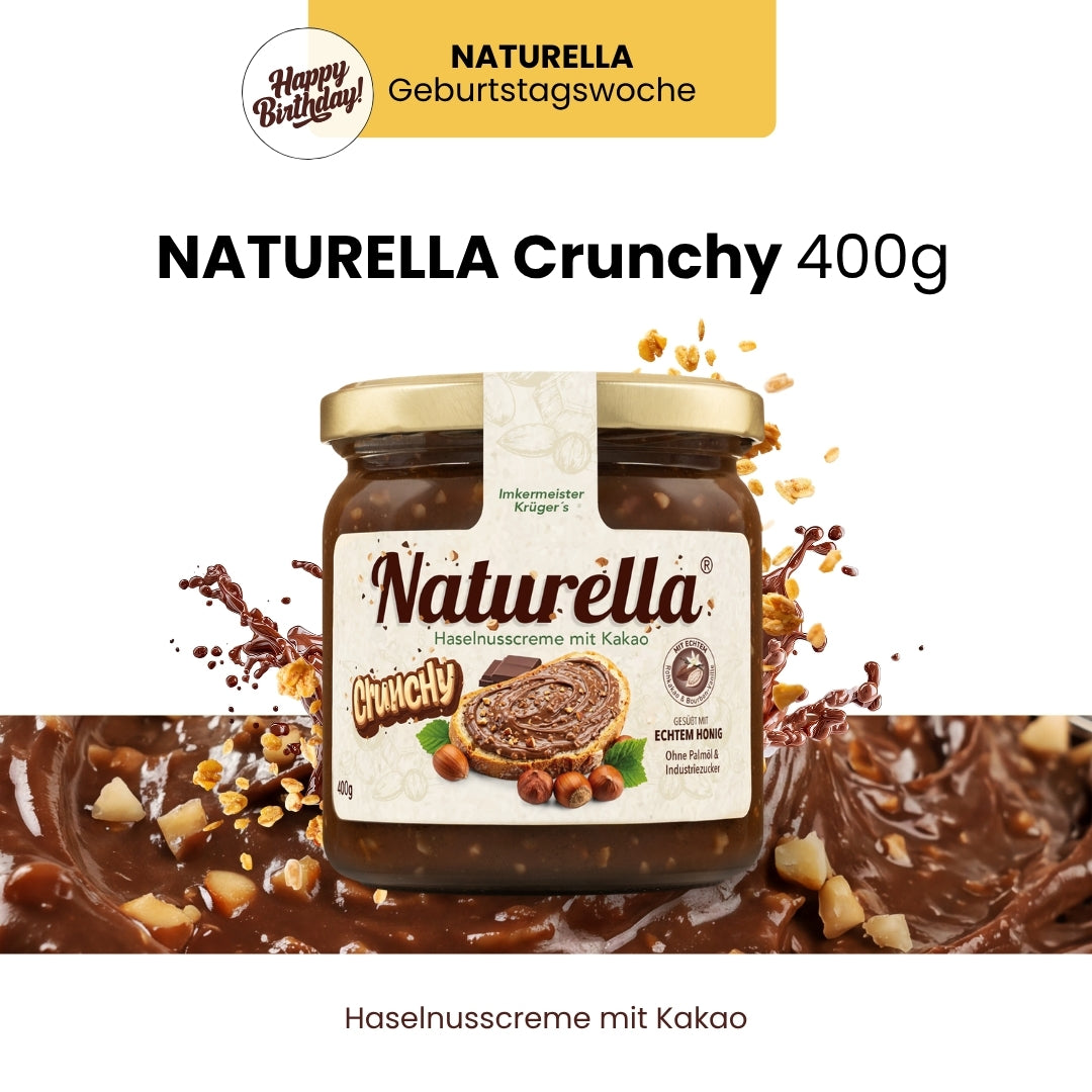 Naturella-Geburtstagswoche mit dem neuen Naturella Power-Set mit Naturella 400g und Naturella Crunchy 400g und Hercules Sport 500g von der Allgäuer Wanderimkerei_Naturella Crunchy