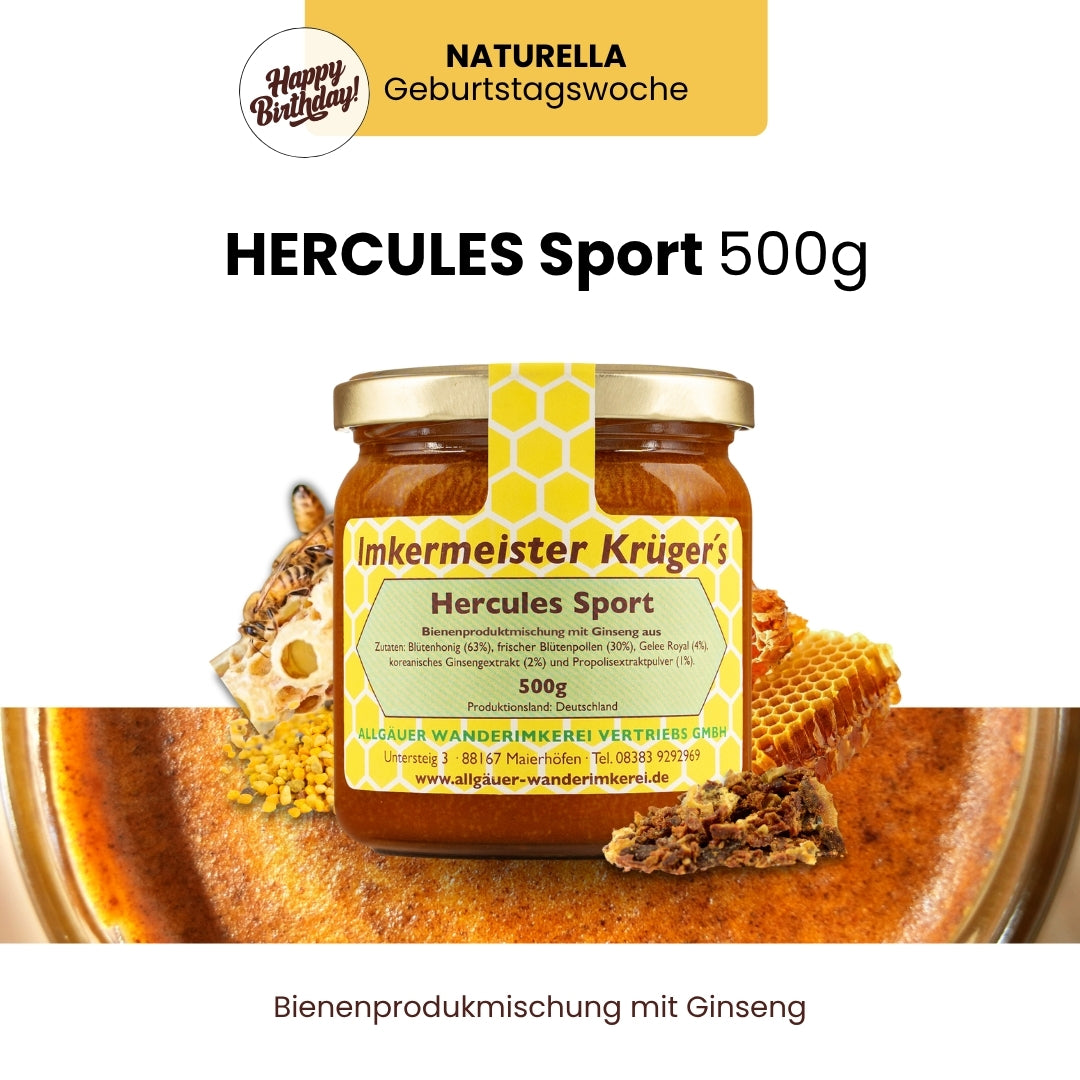Naturella-Geburtstagswoche mit dem neuen Naturella Power-Set mit Naturella 400g und Naturella Crunchy 400g und Hercules Sport 500g von der Allgäuer Wanderimkerei_Hercules Sport