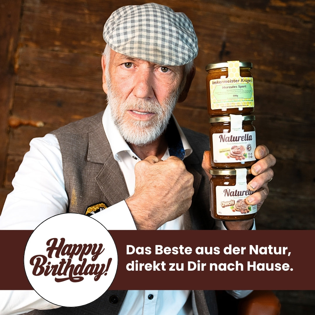 Naturella-Geburtstagswoche mit dem neuen Naturella Power-Set mit Naturella 400g und Naturella Crunchy 400g und Hercules Sport 500g von der Allgäuer Wanderimkerei, das Beste aus der Natur, direkt zu Dir nach Hause