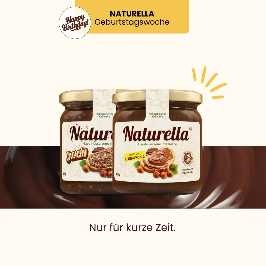 Naturella-Geburtstagswoche mit dem neuen Naturella Probier-Set mit Naturella 400g und Naturella Crunchy 400g von der Allgäuer Wanderimkerei