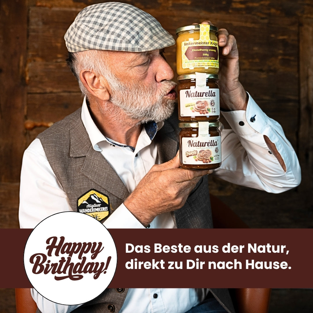 Naturella-Geburtstagswoche mit dem neuen Naturella Genuss-Set mit Naturell 400g und Naturella Crunchy 400g und Distelhonig cremig 500g von der Allgäuer Wanderimkerei, das Beste aus der Natur, direkt zu Dir nach Hause