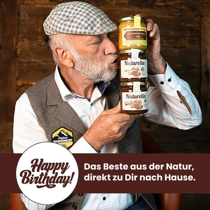 Naturella-Geburtstagswoche mit dem neuen Naturella Genuss-Set mit Naturell 400g und Naturella Crunchy 400g und Distelhonig cremig 500g von der Allgäuer Wanderimkerei, das Beste aus der Natur, direkt zu Dir nach Hause
