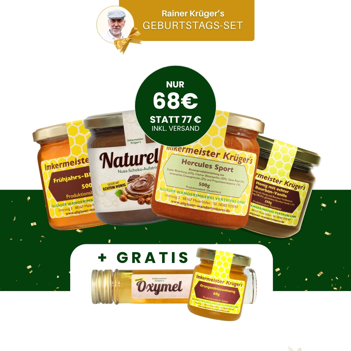 Imkermeister Rainer Krüger's Geburtstags-Set mit Hercules Sport 500g, Naturella 500g, Frühjahrs-Blütenhonig 500g, Honig mit echter Bourbon-Vanille 250g und Gratis Oxymel von der Allgäuer Wanderimkerei