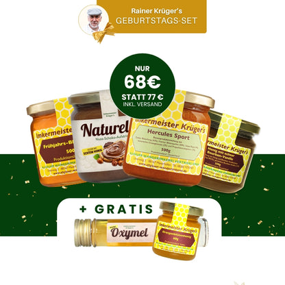 Imkermeister Rainer Krüger's Geburtstags-Set mit Hercules Sport 500g, Naturella 500g, Frühjahrs-Blütenhonig 500g, Honig mit echter Bourbon-Vanille 250g und Gratis Oxymel von der Allgäuer Wanderimkerei