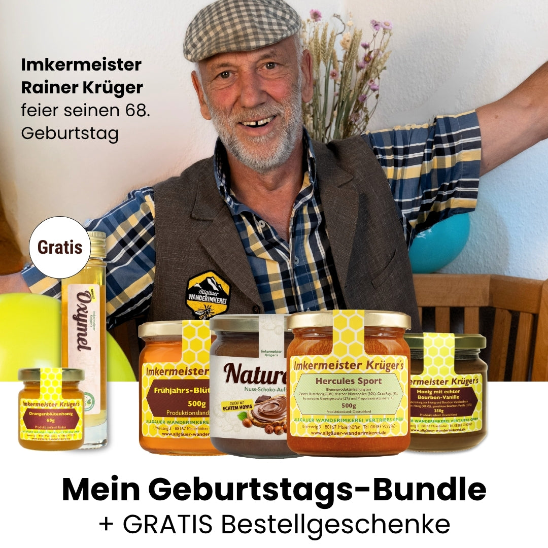 mkermeister Rainer Krüger's Geburtstags-Set mit Hercules Sport 500g, Naturella 500g, Frühjahrs-Blütenhonig 500g, Honig mit echter Bourbon-Vanille 250g und Gratis Oxymel von der Allgäuer Wanderimkerei_02