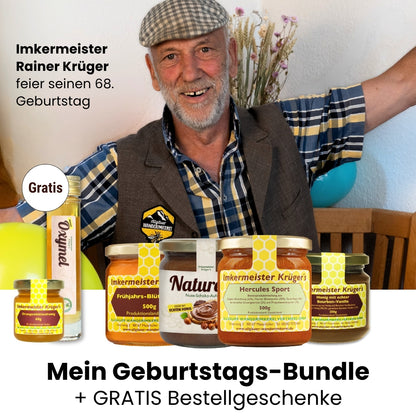 mkermeister Rainer Krüger's Geburtstags-Set mit Hercules Sport 500g, Naturella 500g, Frühjahrs-Blütenhonig 500g, Honig mit echter Bourbon-Vanille 250g und Gratis Oxymel von der Allgäuer Wanderimkerei_02