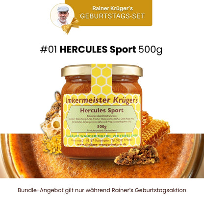 Imkermeister Rainer Krüger's Geburtstags-Set mit Hercules Sport 500g, Naturella 500g, Frühjahrs-Blütenhonig 500g, Honig mit echter Bourbon-Vanille 250g und Gratis Oxymel von der Allgäuer Wanderimkerei_01
