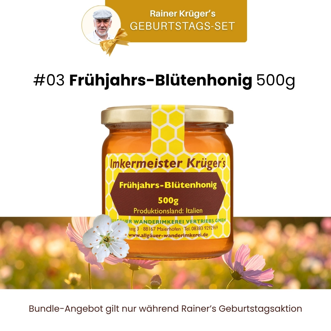 Imkermeister Rainer Krüger's Geburtstags-Set mit Hercules Sport 500g, Naturella 500g, Frühjahrs-Blütenhonig 500g, Honig mit echter Bourbon-Vanille 250g und Gratis Oxymel von der Allgäuer Wanderimkerei_03