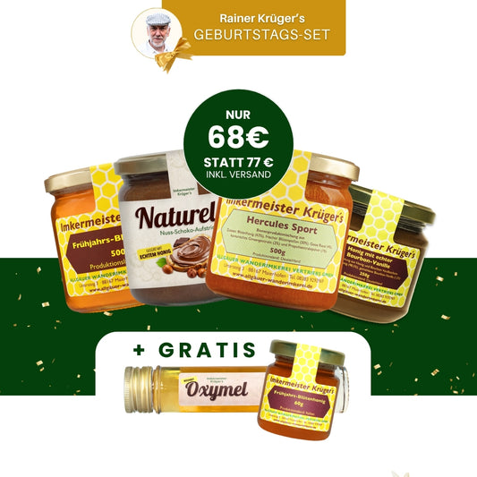 Imkermeister Rainer Krüger's Geburtstags-Set mit Hercules Sport 500g, Naturella 500g, Frühjahrs-Blütenhonig 500g, Honig mit echter Bourbon-Vanille 250g und Gratis Oxymel von der Allgäuer Wanderimkerei