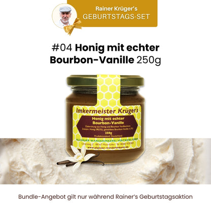 Imkermeister Rainer Krüger's Geburtstags-Set mit Hercules Sport 500g, Naturella 500g, Frühjahrs-Blütenhonig 500g, Honig mit echter Bourbon-Vanille 250g und Gratis Oxymel von der Allgäuer Wanderimkerei_04