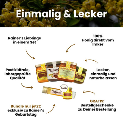 Einmalig und Lecker: Imkermeister Rainer Krüger's Geburtstags-Set mit Hercules Sport 500g, Naturella 500g, Frühjahrs-Blütenhonig 500g, Honig mit echter Bourbon-Vanille 250g und Gratis Oxymel von der Allgäuer Wanderimkerei