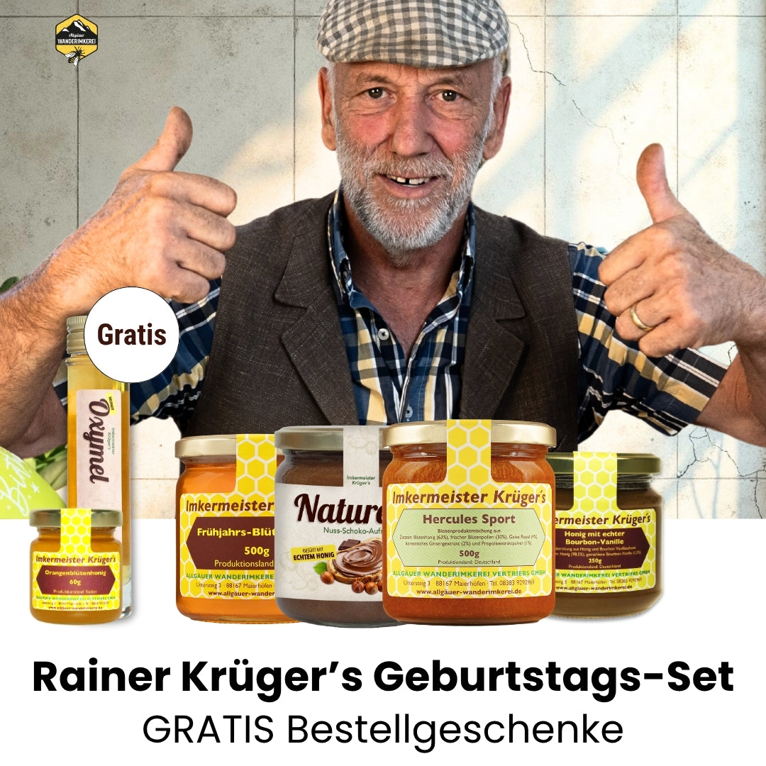 Imkermeister Rainer Krüger's Geburtstags-Set mit Hercules Sport 500g, Naturella 500g, Frühjahrs-Blütenhonig 500g, Honig mit echter Bourbon-Vanille 250g und Gratis Oxymel von der Allgäuer Wanderimkerei, Gratis Bestellgeschenke