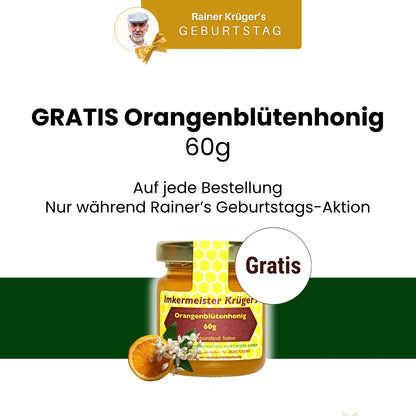 Imkermeister Rainer Krüger's Geburtstags-Set mit Hercules Sport 500g, Naturella 500g, Frühjahrs-Blütenhonig 500g, Honig mit echter Bourbon-Vanille 250g und Gratis Oxymel von der Allgäuer Wanderimkerei_gratis Orangenblütenhonig 60g