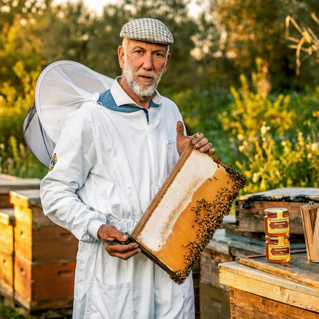 Imkermeister Rainer Krüger von der Allgäuer Wanderimkerei, Bienenkrüger bei den Bienen