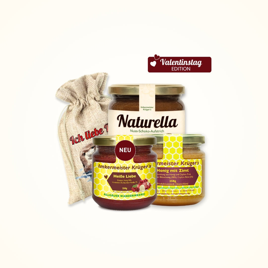 Valentinstag-Bundle Süße Verführung mit Naturella 400g, Heiße Liebe Honig 250g, Honig mit Zimt 250g und Geschenksäckchen Ich liebe Dich von der Allgäuer Wanderimkerei