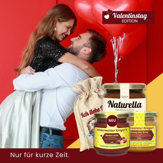 Valentinstag-Bundle Süße Verführung mit Naturella 400g, Heiße Liebe Honig 250g, Honig mit Zimt 250g und Geschenksäckchen Ich liebe Dich von der Allgäuer Wanderimkerei