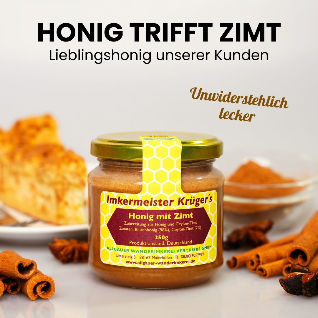 Valentinstag-Bundle Süße Verführung mit Naturella 400g, Heiße Liebe Honig 250g, Honig mit Zimt 250g und Geschenksäckchen Ich liebe Dich von der Allgäuer Wanderimkerei