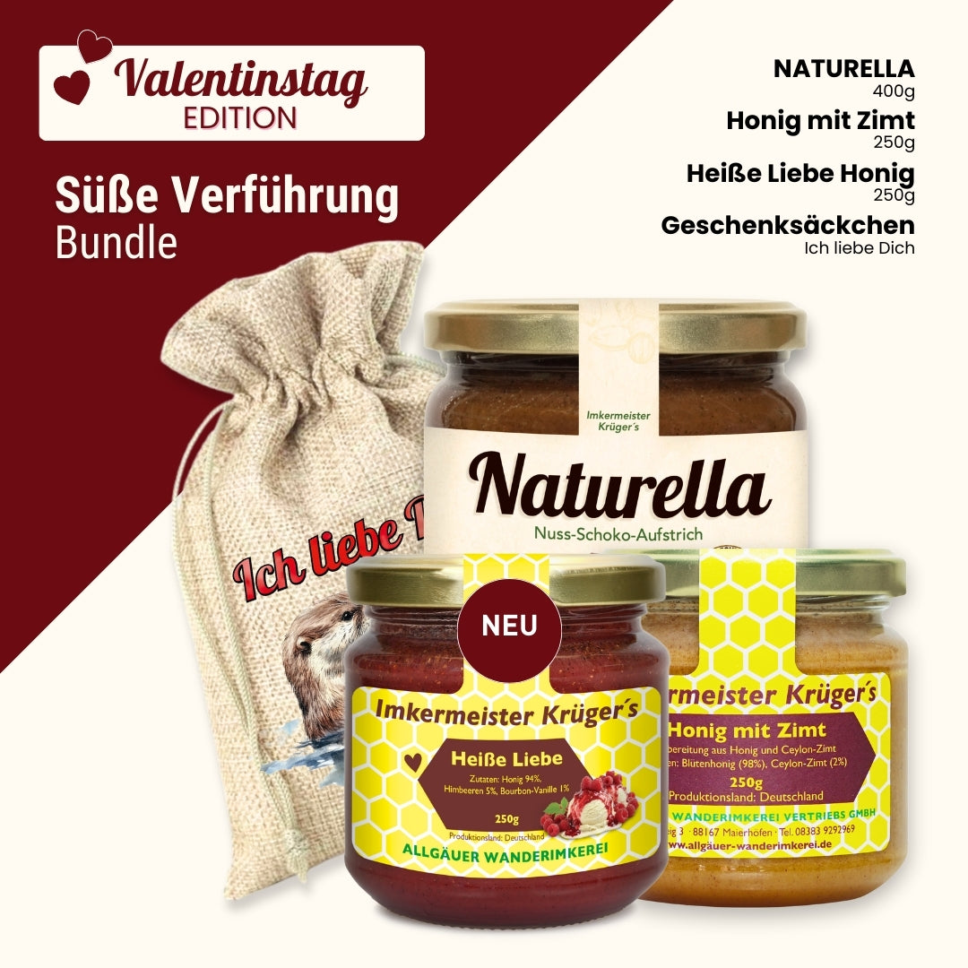 Valentinstag-Bundle Süße Verführung mit Naturella 400g, Heiße Liebe Honig 250g, Honig mit Zimt 250g und Geschenksäckchen Ich liebe Dich von der Allgäuer Wanderimkerei