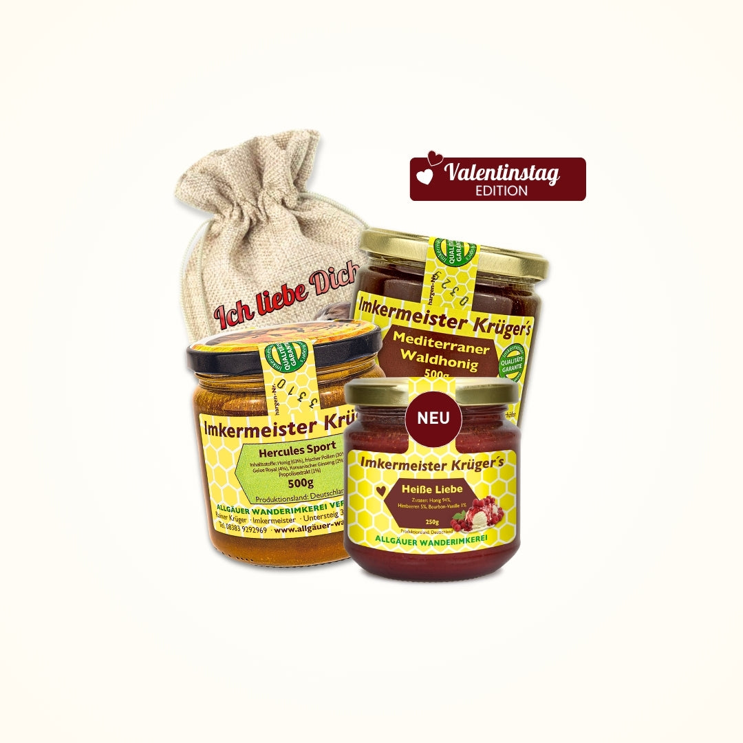 Valentinstag-Bundle mit Hercules Sport 500g, Mediterraner Waldhonig 500g, Heiße Liebe Honig 250g und Geschenksäckchen Ich liebe Dich von der Allgäuer Wanderimkerei