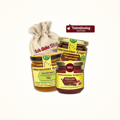 Valentinstag-Bundle mit Hercules Sport 500g, Mediterraner Waldhonig 500g, Heiße Liebe Honig 250g und Geschenksäckchen Ich liebe Dich von der Allgäuer Wanderimkerei