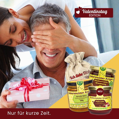 Valentinstag-Bundle mit Hercules Sport 500g, Mediterraner Waldhonig 500g, Heiße Liebe Honig 250g und Geschenksäckchen Ich liebe Dich von der Allgäuer Wanderimkerei