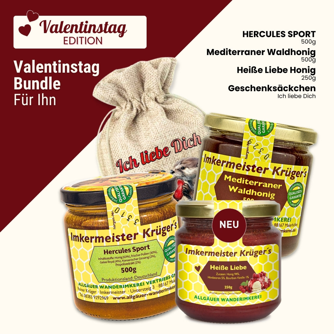 Valentinstag-Bundle mit Hercules Sport 500g, Mediterraner Waldhonig 500g, Heiße Liebe Honig 250g und Geschenksäckchen Ich liebe Dich von der Allgäuer Wanderimkerei